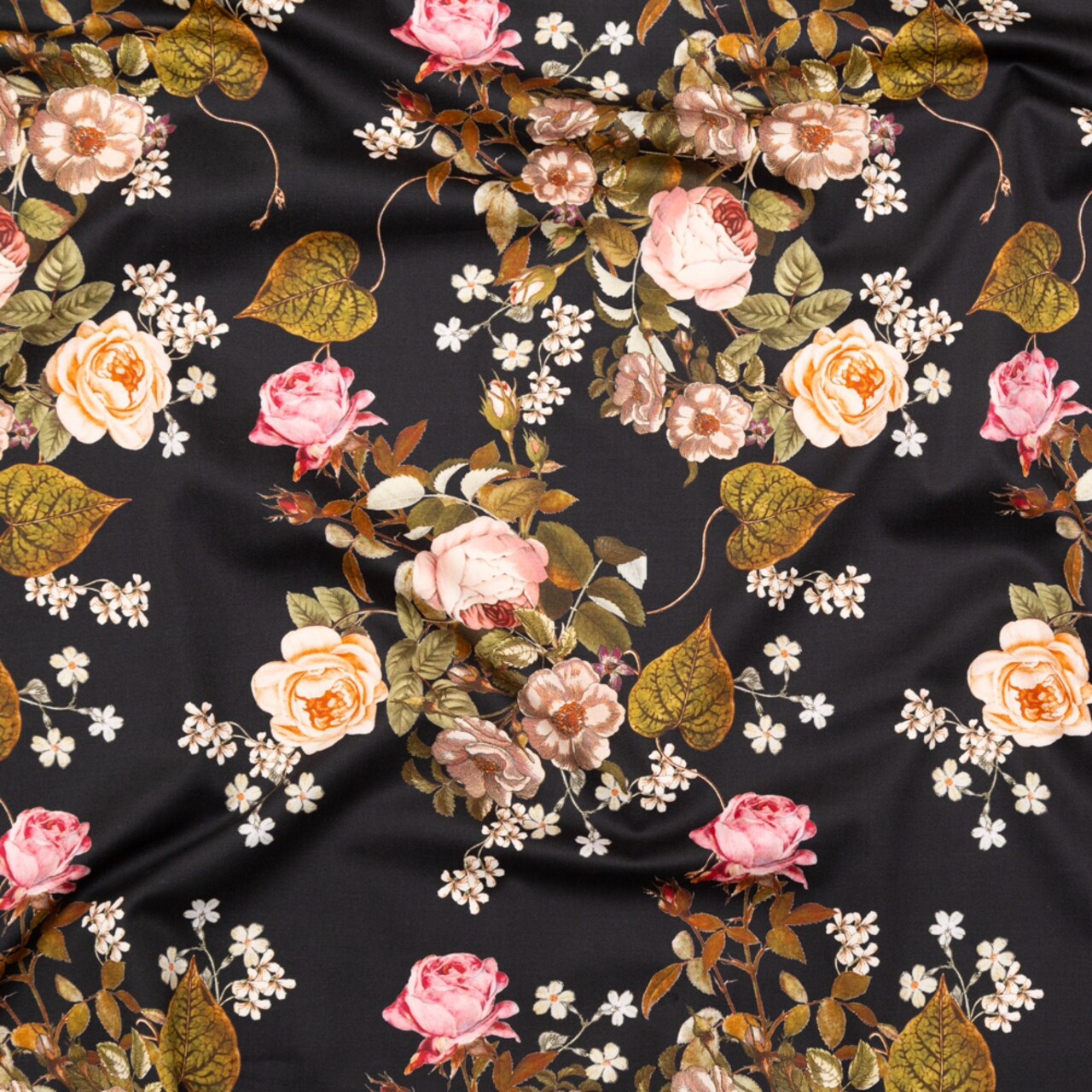 1 Yard Black & Pink Floral Stretch Cotton Sateen Fabric Blossoms of the Heart 55 inch Width